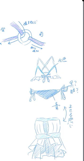 一旦前後こんな感じかー……?シルエットはここまでしてあとは詳細詰めるかなあ、足と手首に巻いてるバンドとか水着と髪型はほぼこれで決まるかも……ロンゴミニアド ニハ ナラナイヨ 