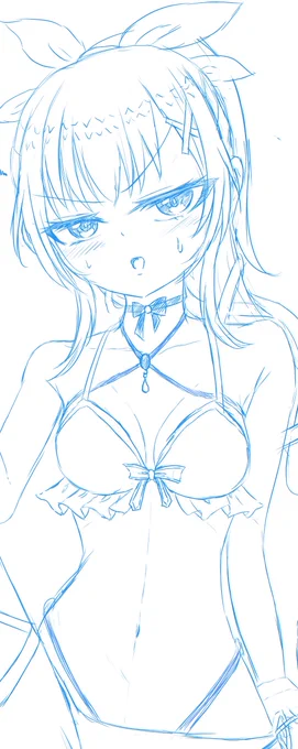 一旦前後こんな感じかー……?シルエットはここまでしてあとは詳細詰めるかなあ、足と手首に巻いてるバンドとか水着と髪型はほぼこれで決まるかも……ロンゴミニアド ニハ ナラナイヨ 