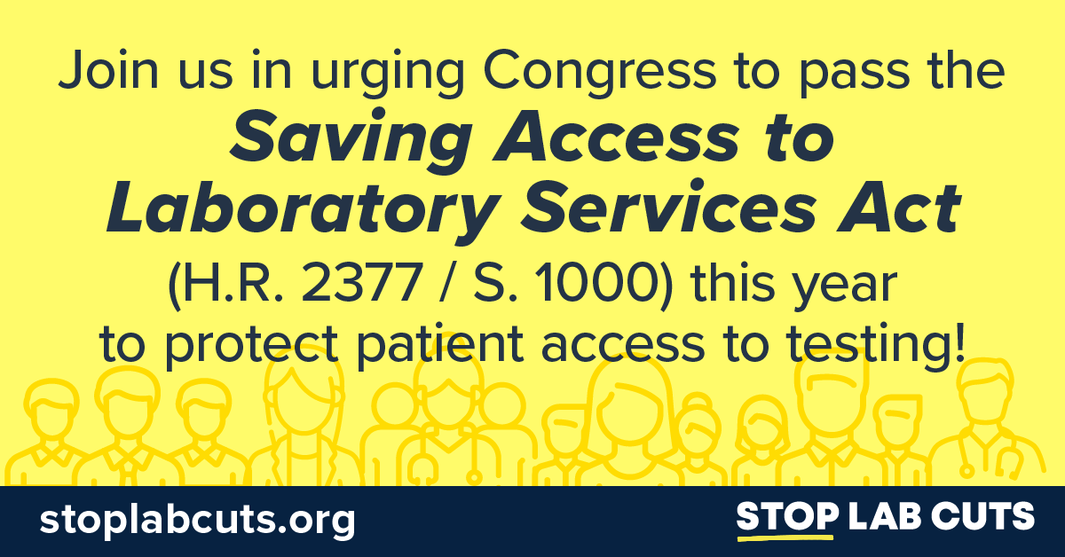 ACLAlabs's tweet image. Scheduled reimbursement cuts under #PAMA could jeopardize access to many clinical laboratory tests commonly used to diagnose, monitor, and manage diseases for more than 65 million seniors. Congress, it’s time to #StopLabCuts and pass #SALSA: stoplabcuts.org.