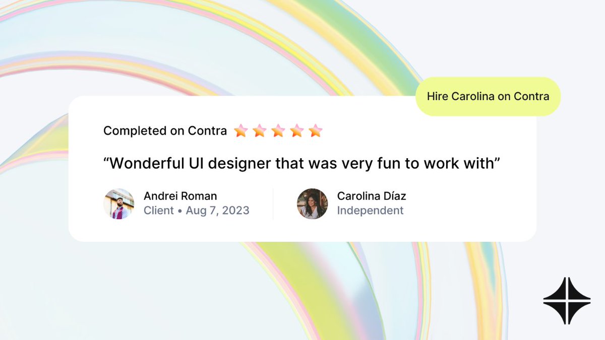 contra's tweet photo. Just what we like to hear! Andrei &amp; Carolina 🚀

Hire Carolina on Contra: https://t.co/0VxA5ipVs9

#anotherhappyclient #freelanceuidesigner https://t.co/Dpt5hyIQiN