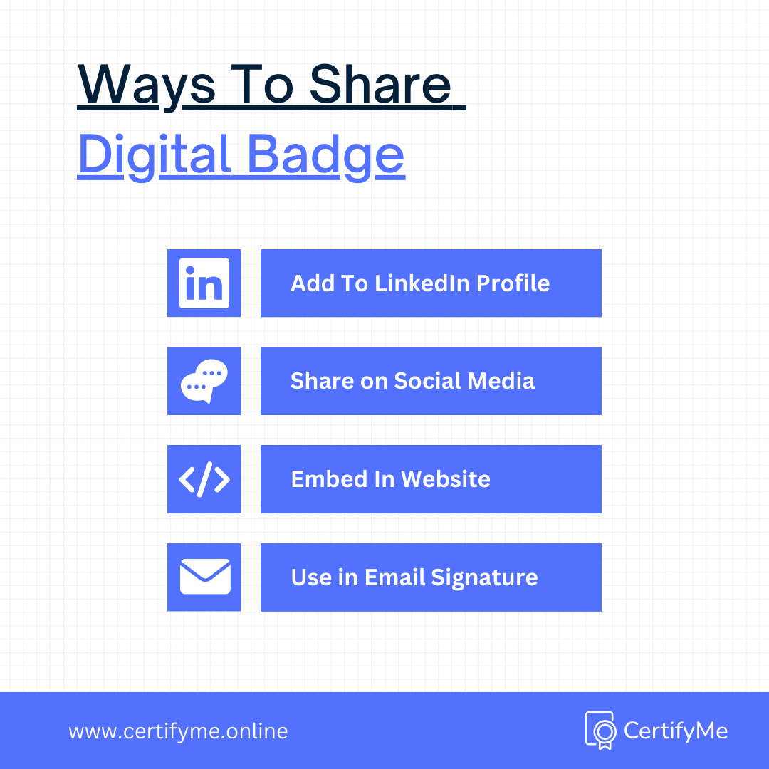 me_certify's tweet photo. Explore 4 ways to showcase digital badges:

🎯Enhance your LinkedIn profile

🎯Amplify on Social Media

🎯Embed within your Website

🎯Utilize Email Signatures

Start sending your candidates with a digital badge.

https://t.co/zfEoFVOBqi https://t.co/fpM3iuWGcH