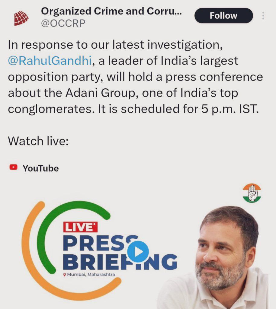 __Nifty50's tweet photo. 'Sunita Vishwanath' & Man in circle 'Salil Shetty', both from #GerogeSoros funded Open Society Forum (OSF) joined Rahul Gandhi.
Now George Soros funded #OCCRP sponsoring Press Conference of #RahulGandhi on #Adani
Means??
#AdaniGroup #Nifty #BankNifty #StockMarketindia #SEBI https://t.co/ntSMAP9dIV