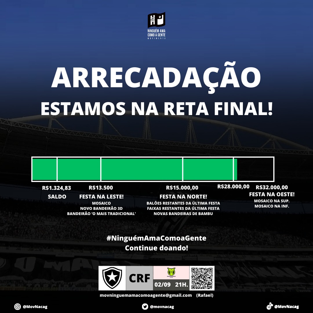 RETA FINAL! O clássico já começou e precisamos da sua contribuição para fazermos mais uma grande atmosfera. Colabore! Pix: movninguemamacomoagente@gmail.com Compartilha com geral, vamos, BOTAFOGO! #NinguémAmaComoAGente #EntramOnzeJogamosTodos