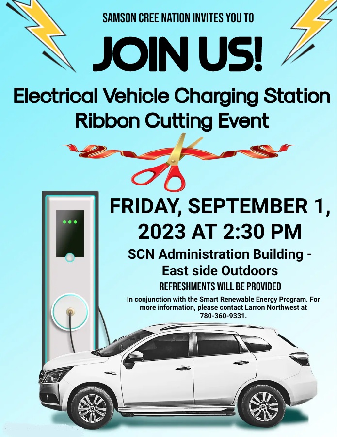 SamsonCree's tweet photo. @SamsonCree Join us Friday September 1, 2023, for the first ever charging station in #Maskwacis for electric / hybrid vehicles. @TravisMcEwanCBC @CFWENews @893TheRaven @Sunny94FM #ElectricCar #HybridElectricVehicle #SamsonCree #Alberta @FortisAlberta #Phase3Electrical https://t.co/5n1sw2IVpI