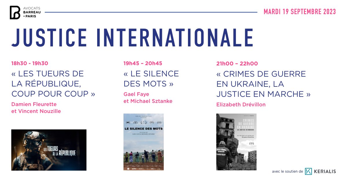 Mardi 19 septembre : - « Les tueurs de la République – Coup pour coup » @Damien_Fl/@vincentnouzille/@BdLVillardiere - « Le silence des mots » @msztanke/@gaelfaye/ @slebrun_cfj_w/@babel_doc - « Crimes de guerre en Ukraine, la justice en marche » @slebrun_cfj_w/@babel_doc