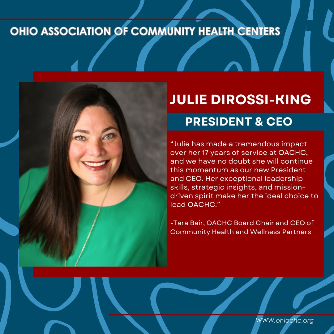 Ohiochc's tweet photo. The Board of Directors of the Ohio Association of Community Health Centers (OACHC) is thrilled to announce the appointment of Julie DiRossi-King as its new President and Chief Executive Officer (CEO), effective August 26. 

To Read More: https://t.co/iFMlJfdjYo https://t.co/05okTegRy8