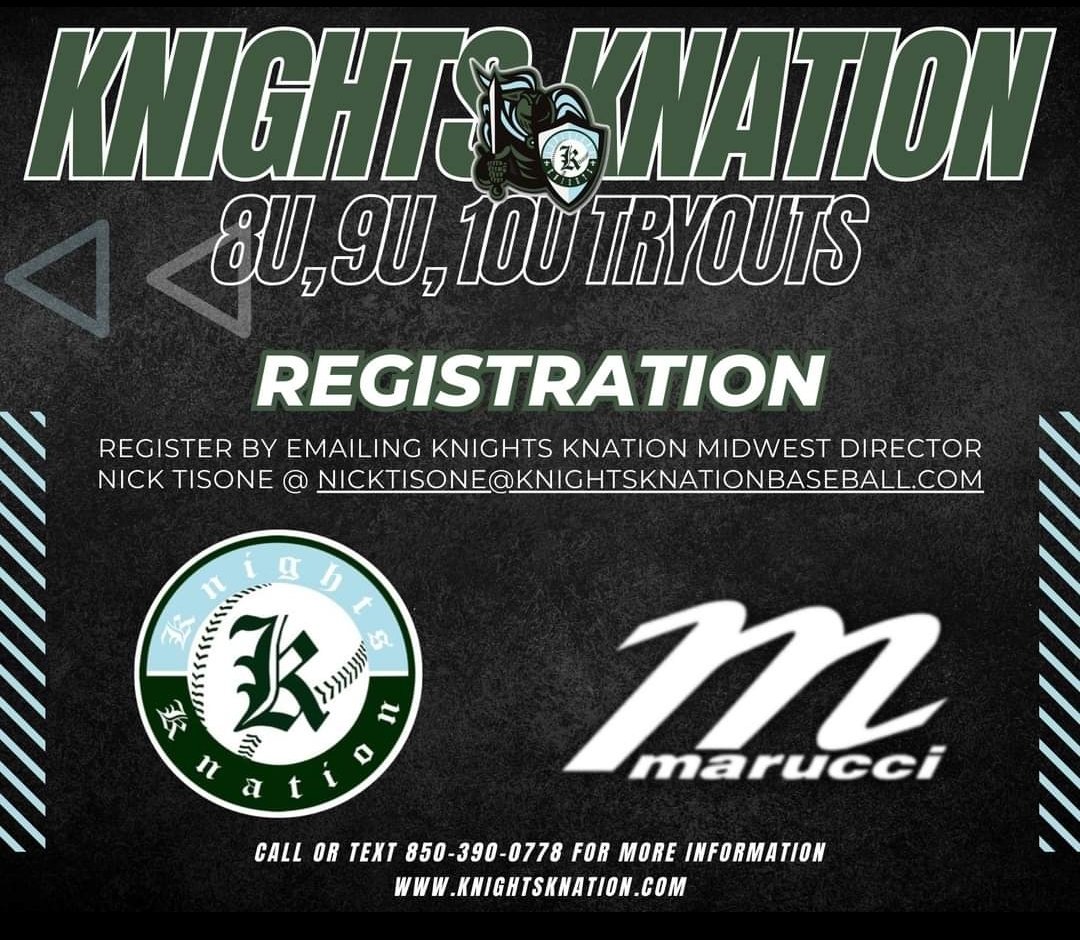 We are having 8u, 9u, 10u & added 12u Tryouts @Scholl Recreation Field Mill Creek Park Wednesdays September 6th, 13th, 20th, 27th from 7pm-8pm! Players only need to attend one tryout date. Please register using the Registration Link below, knightsknationmidwest.leagueapps.com/leagues/baseba…
