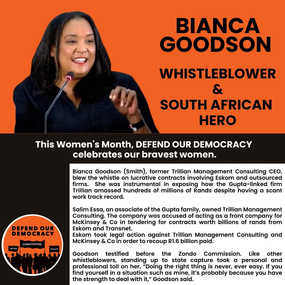 ForDemocracySa's tweet photo. As we conclude Women's Month, we recognise the contribution of #whistleblower Bianca Goodson to protecting democracy. Her excellent example stands in stark contrast to some who still remain in govt and the private sector who are tainted by state capture. #SAheroes #WomensMonth https://t.co/kBgDNc4kxd