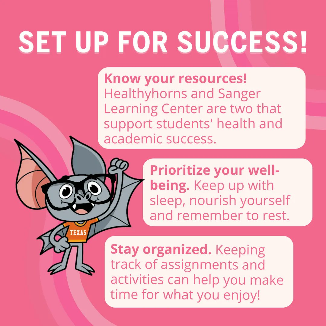 UTBruceTheBat's tweet photo. Starting the semester right can help you avoid stress later on! Try establishing these habits to support your emotional and academic well-being. https://t.co/CCRJK9eY0l