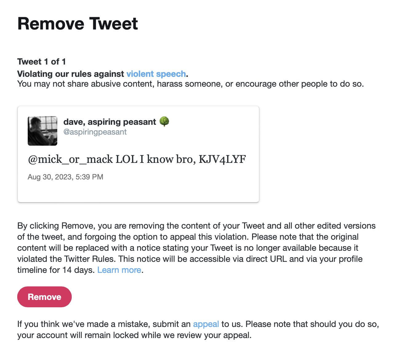 dave, aspiring peasant 🌳🦫 on X: I got banned from twitter yesterday for  mentioning the bible. It is, apparently, violent speech to rep the King  James Version for life. Another violation and