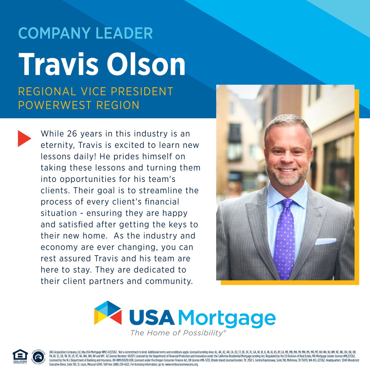USAMortgageHQ's tweet photo. Travis has unmatched enthusiasm when it comes to leading his team to success and helping their clients achieve their dreams of #Homeownership. His positive attitude toward the #MortgageProcess and its intricacies is contagious and admirable 🙌 https://t.co/eAqeV2RPWH