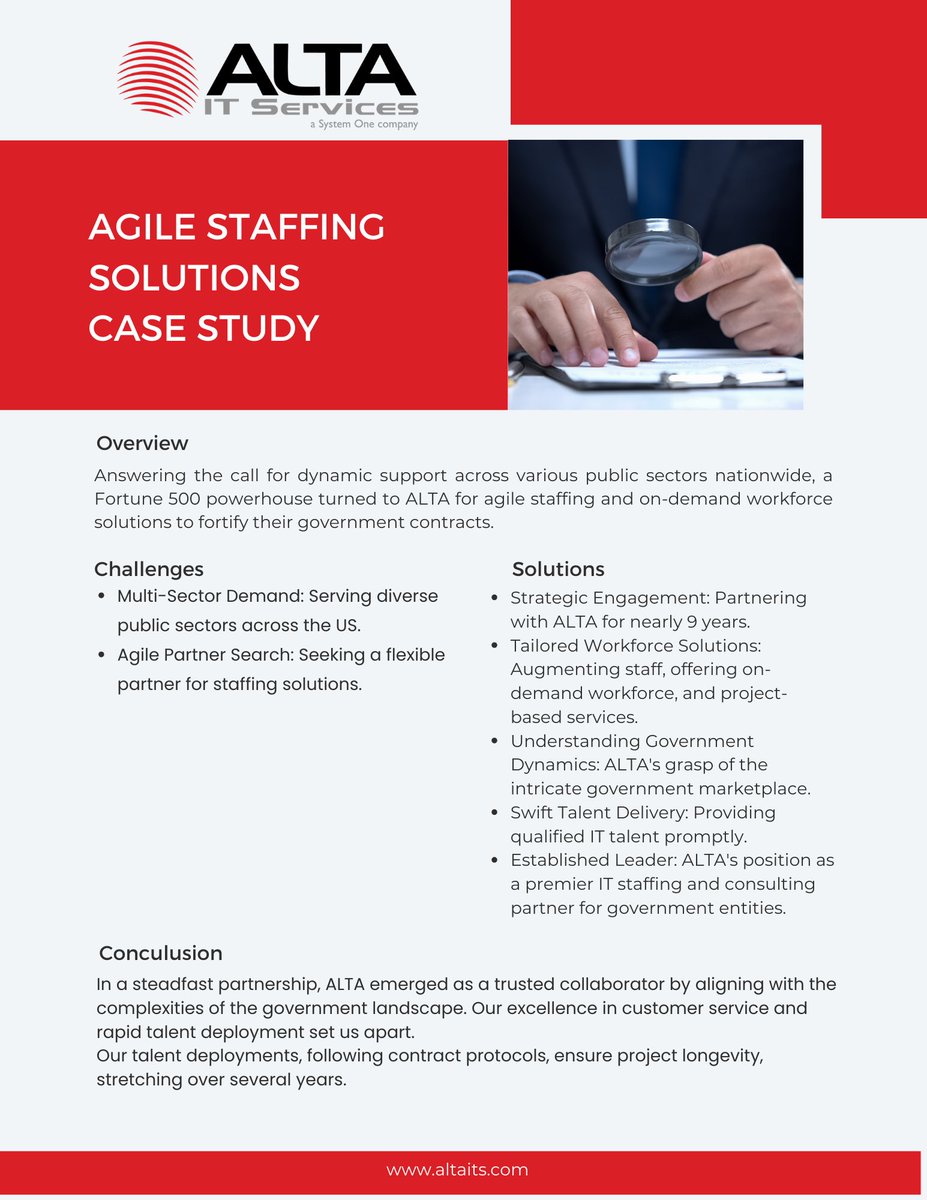 altaitservices's tweet image. Experience agility in action! 🏃‍♂️ Dive into the ALTA IT case study showcasing how we empowered a Fortune 500 leader with agile staffing solutions across various public sectors. 🌐 🚀 

#ALTAIT #CaseStudy #AgileSolutions #GovernmentContracts #ReadNow