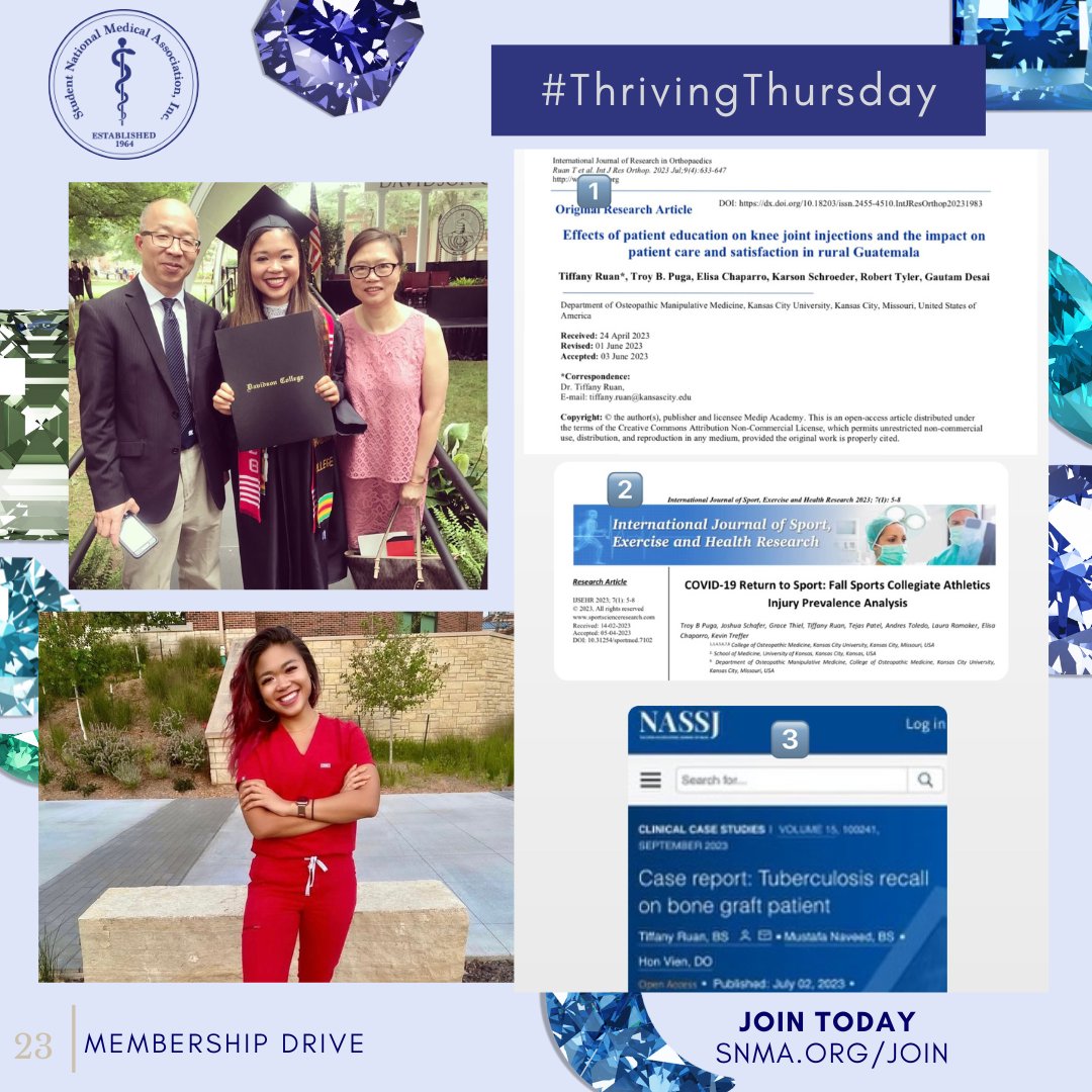 🎉 Celebrate Student Doctor Tiffany Ruan, 4th year at Kansas City University, for her latest research publication in a scholarly journal! 📚🩺
 
#ThrivingThursday #SNMAMembershipDrive2023 #DiamondsinMedicine #ResearchPresentation #ResearchPublication #ResearchTrailblazer