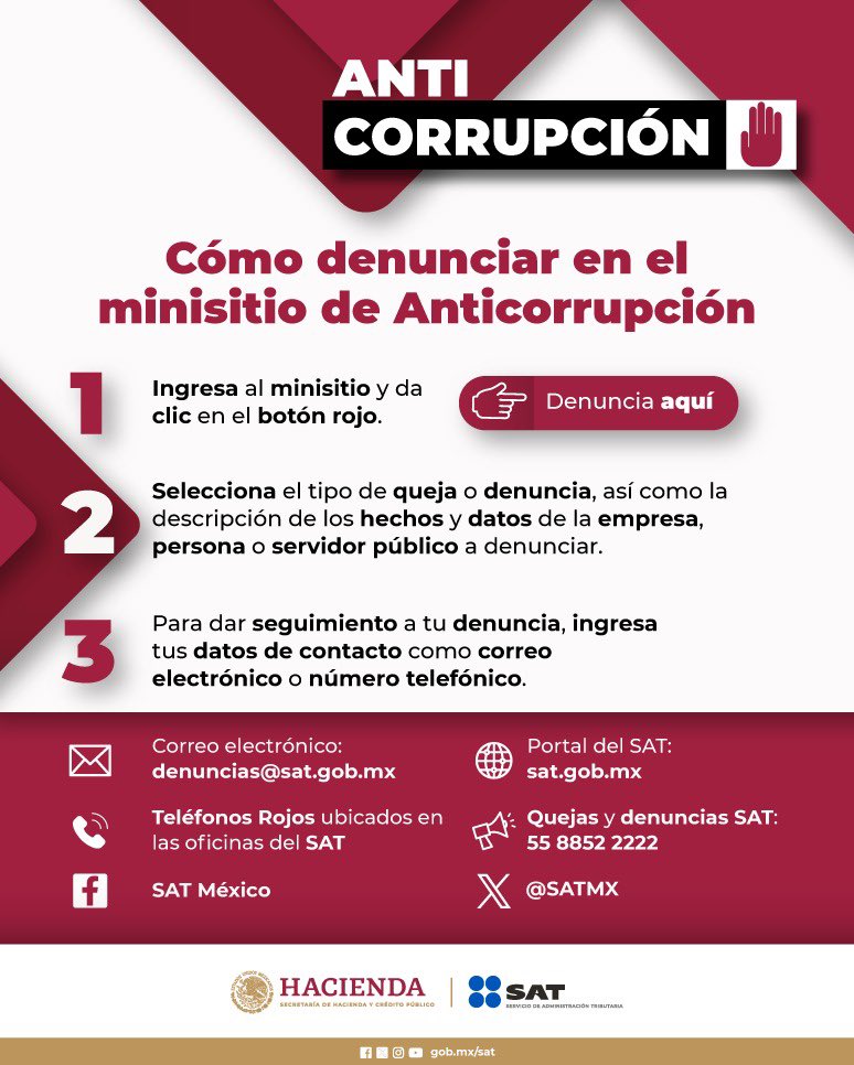 SATMX's tweet photo. Si eres víctima o testigo de un acto de corrupción, denuncia en el minisitio: 
https://t.co/8kX8de3dVA 

O en los medios de denuncia que el SAT tiene disponibles. 

Sin tregua contra la corrupción https://t.co/ZRzj5AoHdI
