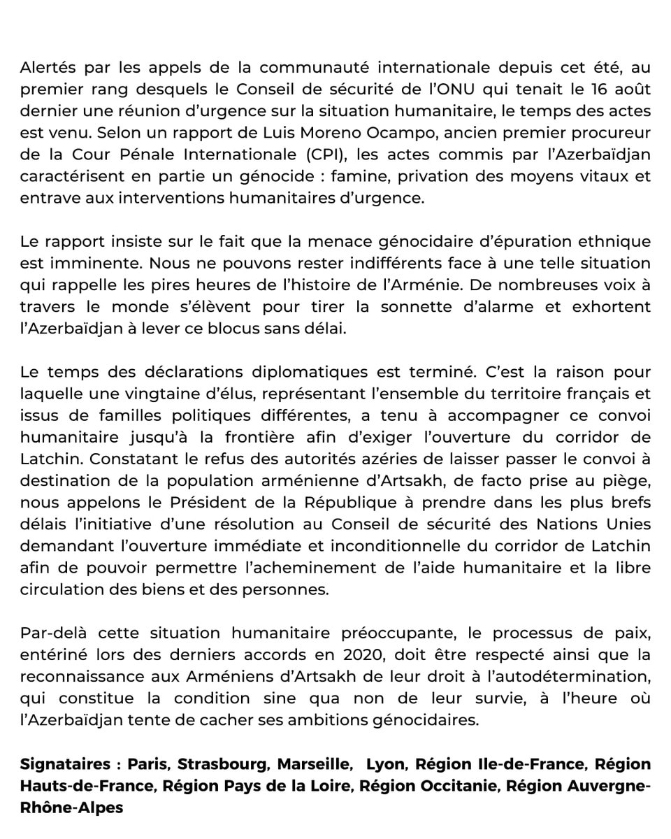 Aux côtés d'élus et de collectivités territoriales françaises, nous adressons cette déclaration commune au président de la République pour que la France soutiennent les arméniens d'Artsakh.
