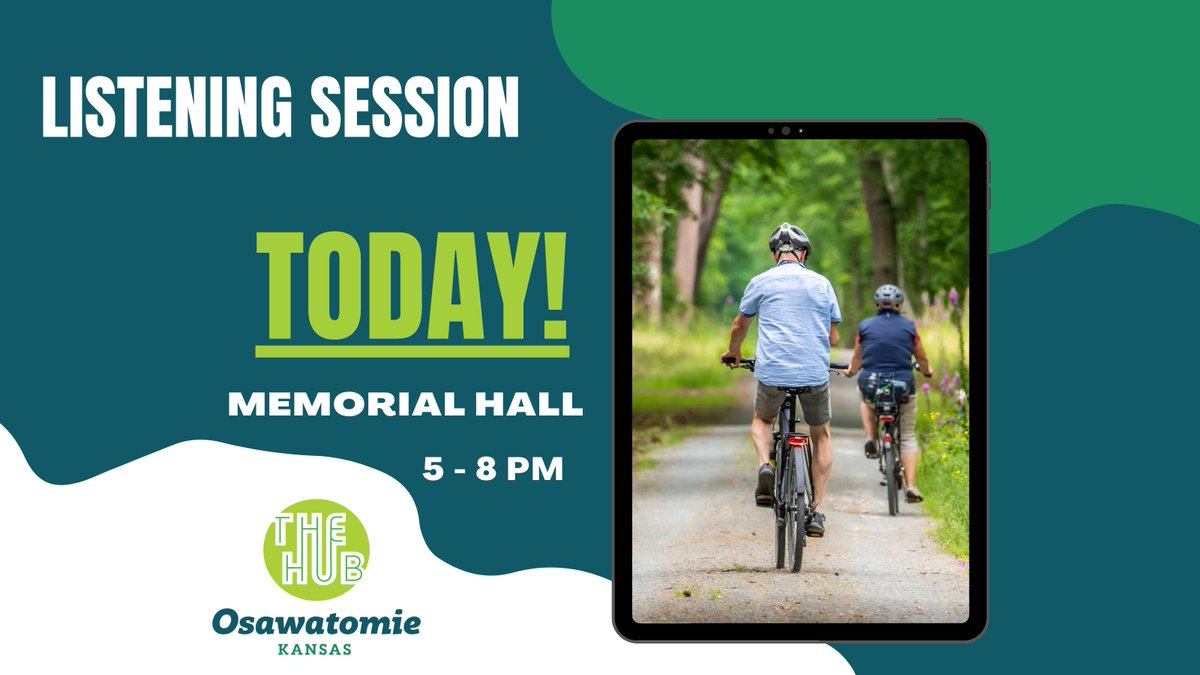 The last Listening Session for Oz Commons Phase II is TODAY! Discuss trail connections &amp; what you would like to see for the future of The Hub downtown! Take the survey on the design of The Hub! osawatomieks.org/thehub Share with your network, too – we need ALL the input! ;)
