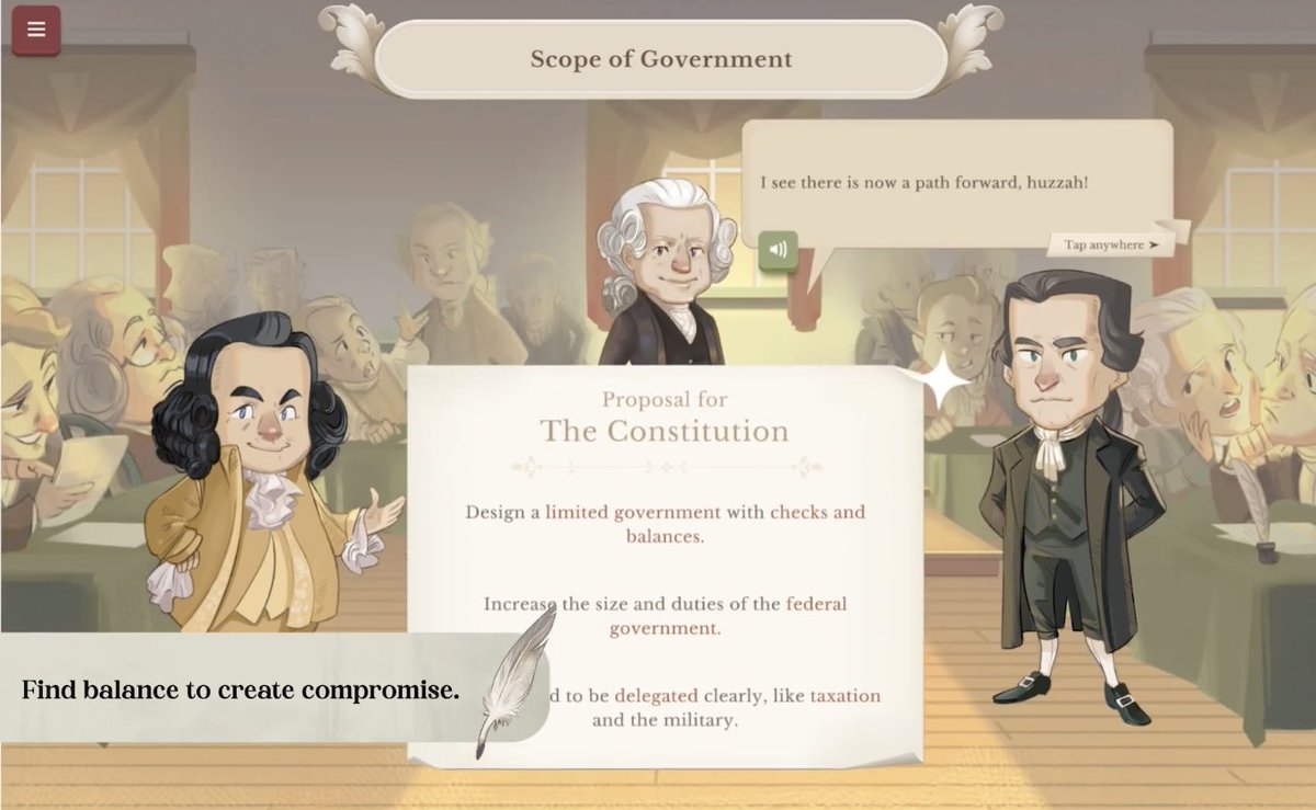 Our newest game Constitutional Compromise, developed with <a href="/MountVernon/">Mount Vernon</a>, challenges students to engage in the ideas discussed at the Constitutional Convention of 1787 and discover how their compromises compare to those made by the 55 delegates. Play now: bit.ly/3OPXDhB
