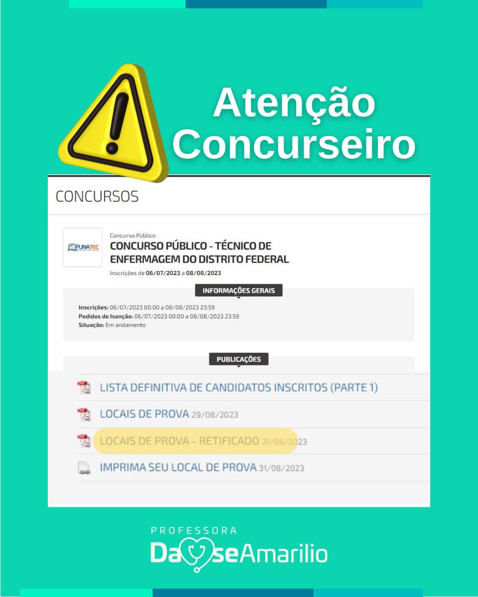 dayseamarilio's tweet image. 🚨ATENÇÃO SESDF - CONCURSO TÉCNICO EM ENFERMAGEM🚨

Saiu alteração dos locais de prova!
Acessem o link e olhem pra verificar o seu local de aplicação da prova.
funatec.selecao.net.br/informacoes/3/

#sesdf #funatec #tecnicoemenfermagem #professoraDayseAmarilio