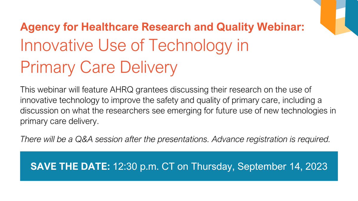 TheGrahamCenter's tweet photo. Save the Date: @AHRQNews is hosting a webinar on September 14 at 12:30 p.m. CT on "The Innovative Use of Technology in Primary Care Delivery." Register today: https://t.co/lS85zFBMdz https://t.co/5KQMGbHUH5