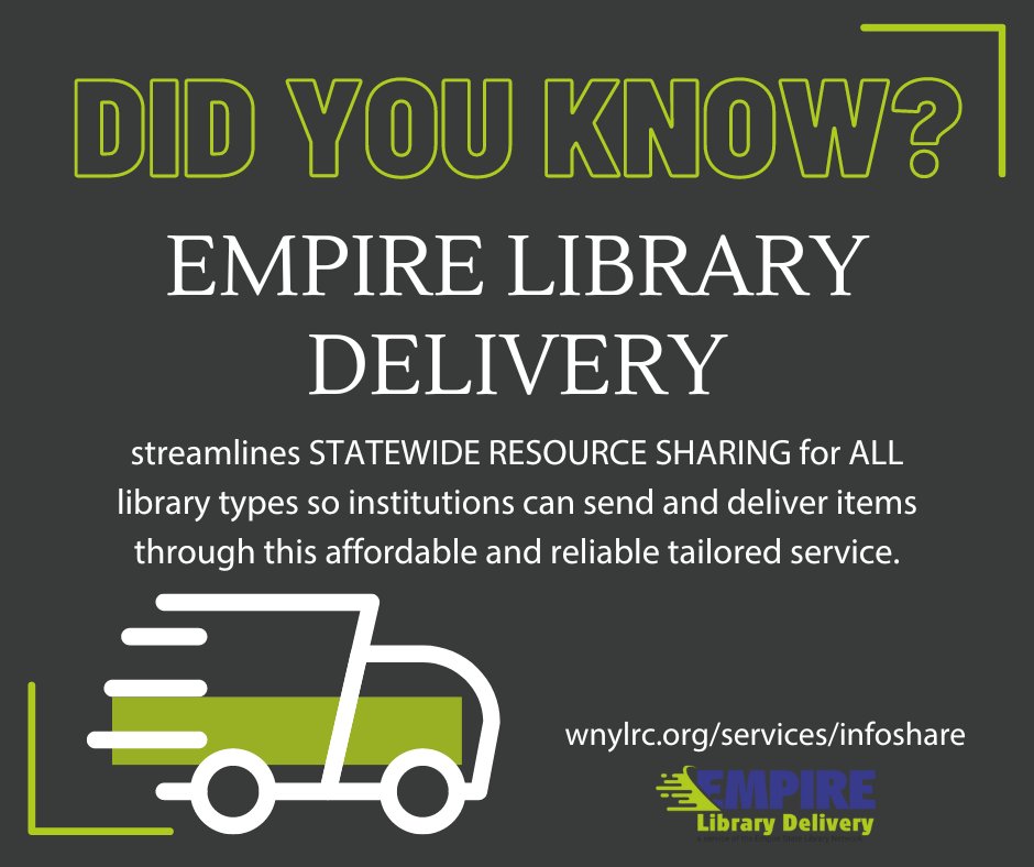 WNYLRC members have access to Empire Library Delivery, a statewide delivery service which supports resource sharing and streamlines library material shipments between NYS libraries! Learn more today! wnylrc.org/services/infos…