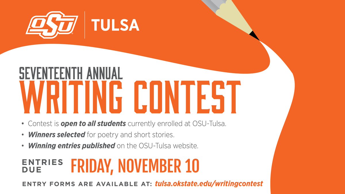 Flex your creative writing skills with a poem or short story by submitting your work to the OSU-Tulsa Creative Writing Contest!

Get more details and learn how to enter at  tulsa.okstate.edu/writing-contes….

 ‼ All entries must be submitted on or before November 10, 2023.