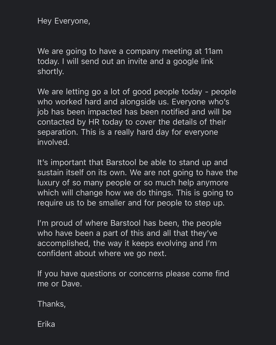 Over the years we’ve hired and trained the best of the best. It’s sad we have to let some of those people go. I urge any company that can hire them to do so. They’re all-stars.
