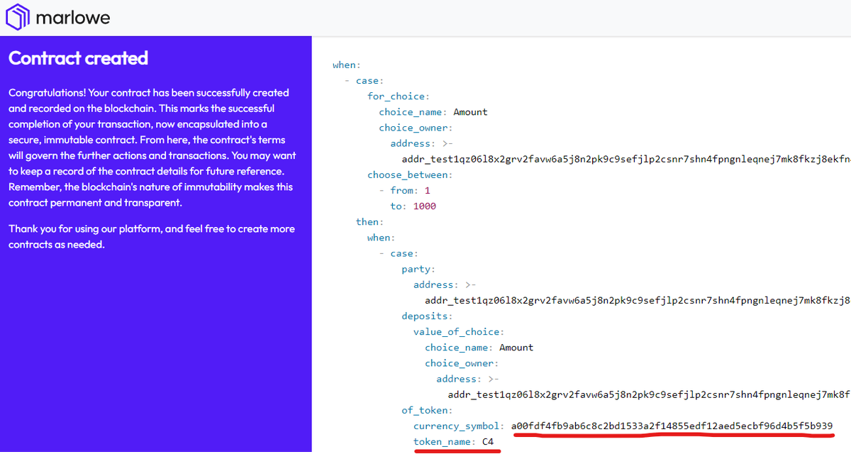 realdecimalist's tweet photo. Today, I successfully deployed two different Marlowe smart contracts onto the PreProd network with the utilization of Marlowe Runner.   

These contracts are designed to create alternative and safer fundraising conditions in our ecosystem. 

If the total required funds from all participants are NOT raised by the deadline, all participants are automatically refunded the amount they contributed.

 The one pictured uses the Cardano Native Token ($C4) the other uses $ADA.  

Please contact me if you are interested in utilizing these contracts in the near future, on mainnet.

PreProd Smart Contract script: addr_test1wqhdyccahvnheppng3fut3phhp3jt5m37zp4529ezz535ms2u9jqv

$ADA
TxID: 74f0507a27a44303283377d8bcfda03c750c378aec9b3b52446522526c6cbeb6

$C4
TxID: 65bca16209bbb78b39e510de8c13fc2cbb6e5fdd0349c0f837b5a8930ed12209