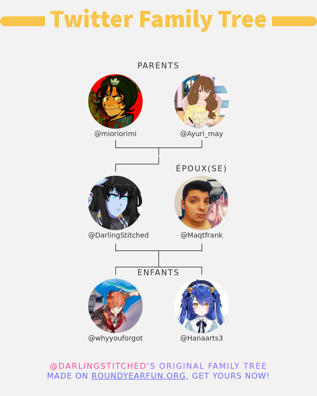 DarlingStitched's tweet photo. 👨‍👩‍👧‍👦 Ma Famille Twitter:
👫 Parents: @mioriorimi @Ayuri_may
👰 Époux(se): @Maqtfrank
👶 Enfants: @whyyouforgot @Hanaarts3

➡️ https://t.co/U9xmuLJP0o https://t.co/KgUH8NWBt5