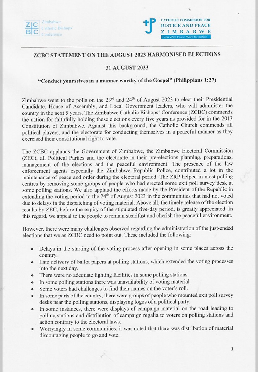 Zimbabwe Catholic Bishops' Conference Statement on the August 2023 Harmonised Elections