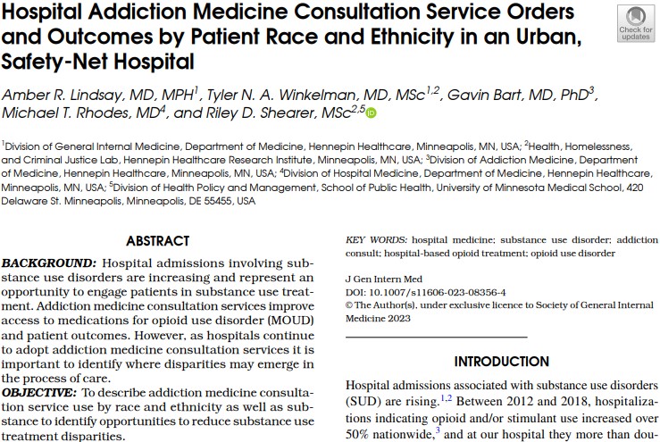 Using EHR data, we identified racial & ethnic disparities at multiple points in the addiction medicine consultation process at a safety-net hospital. Reducing disparities in consultation service use may decrease disparities in #MOUD access @tylerwinkelman rdcu.be/djbFD