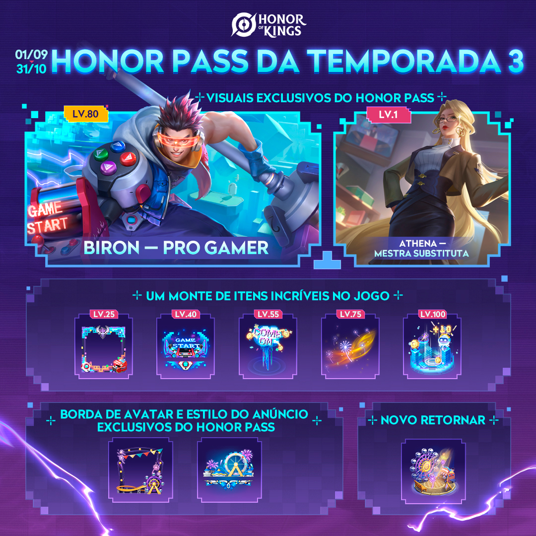 Honor of Kings Brasil on X: Prepare-se para a 3ª temporada do Honor Pass!  🔥 Com visuais exclusivos para Athena e Biron, você vai lutar com muito  estilo em Kings' Rift! 😎