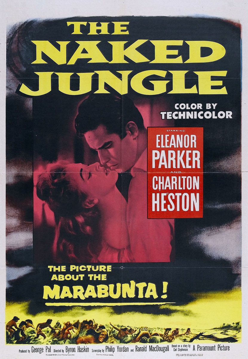 jacobethangib's tweet photo. @RiffTrax The Naked Jungle (1954). Not a great movie. Not Heston's best, though Eleanor is radiant. The story is bonkers, Some 50s racism/sexism that's trying to be nuanced but falls short. Plus a genuinely cool sequence of Man vs Nature where Nature wins by a landslide. https://t.co/vKhusG7Uql