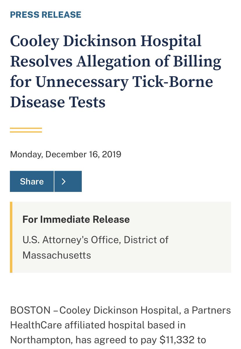 Fake #whistleblower nets $2,379.72 award for bitching to the government about totally necessary #TickBorneDisease tests in a highly endemic area (2019)

justice.gov/usao-ma/pr/coo…