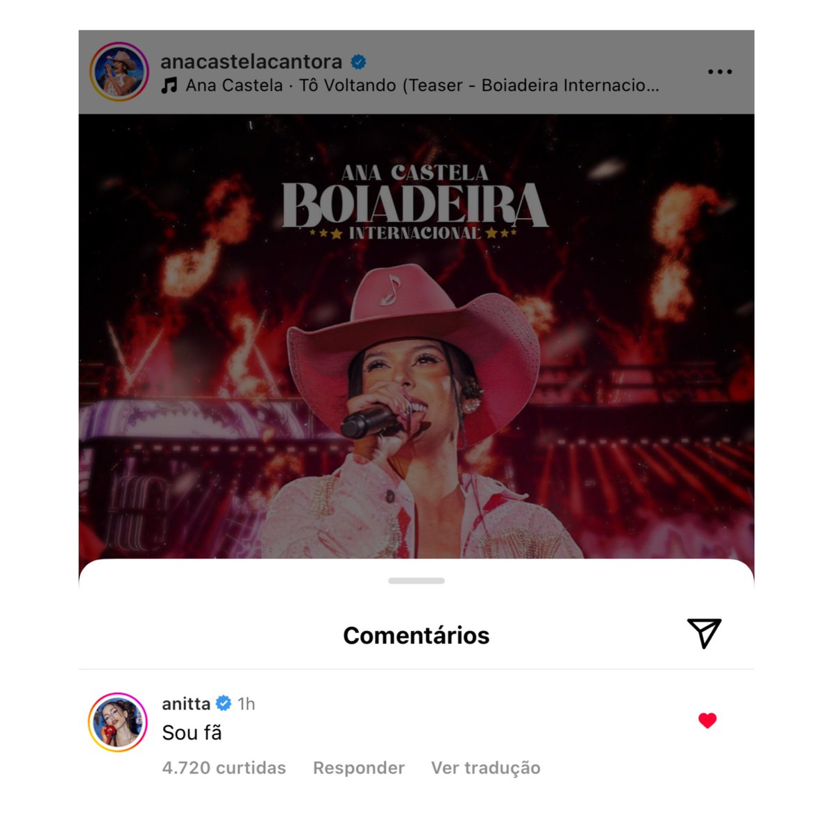 choquei's tweet photo. 🚨FAMOSOS: Anitta diz ser fã de Ana Castela em nova postagem da boiadeira no Instagram. https://t.co/V18uaTEcQ1
