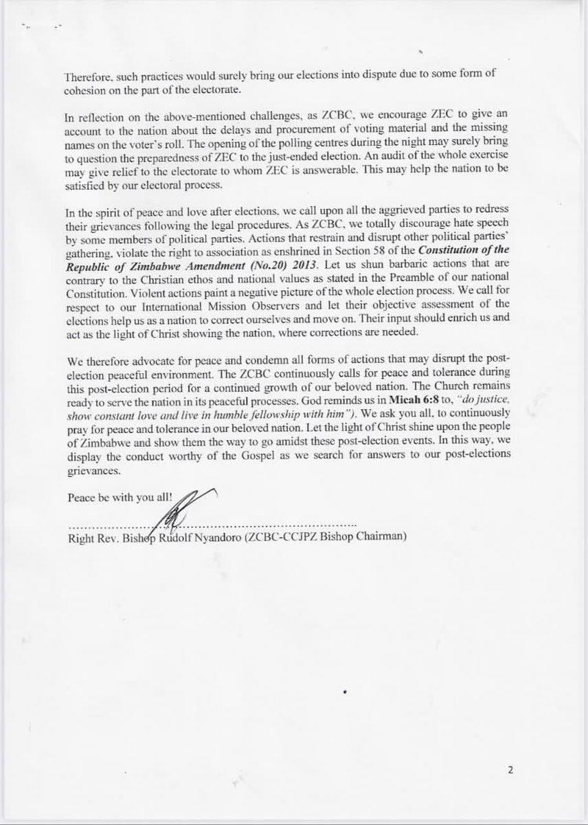 The Zimbabwe Catholic Bishops Conference issued a statement on the August 2023 elections. As local observers through CCJP, they noted all irregularities noted by SADC, AU and EU. Everyone agrees that the elections were a coup! #CitizensFreshElectionCampaign