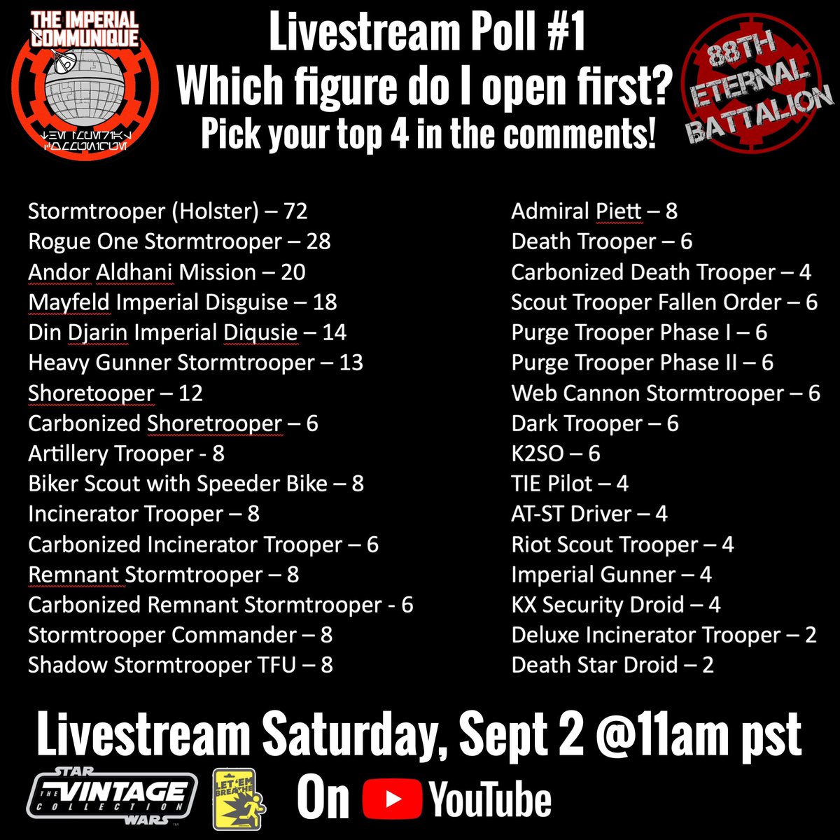 #StarWars #TVC #Hasbro #Kenner #BackTVC #Save375 #FightforTVC #ACTIONFIGURES #Stormtrooper #Toys #Toys4Life #Poll #LiveStream #YouTube #TheMandalorian #TheEmpire #ReturnoftheJedi #StarWarsFan #DarthVader #BikerScout 

Take part in my live stream poll here or IG!!
