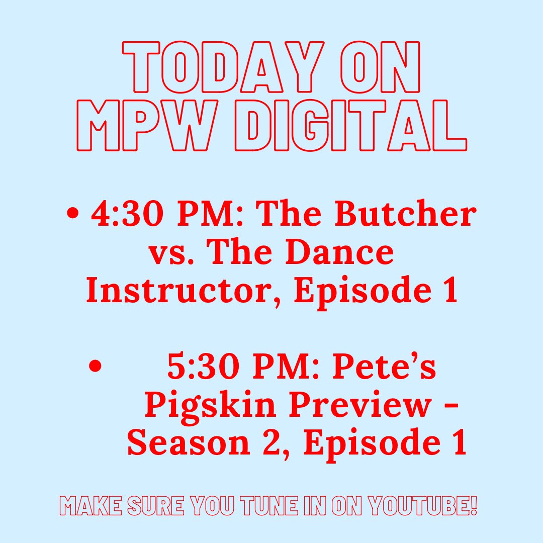 MPW Digital (@mpw_digital) on Twitter photo Today on MPW Digital! Don’t miss the season premiere of The Butcher vs. The Dance Instructor at 4:30 PM and Pete’s Pigskin Preview at 5:30 PM! ⚡️ <a href="/NealMcCready/">Neal McCready</a> <a href="/carofmcc/">Caroline McCready</a> <a href="/LBsMeatMarket/">LBs Meat Market</a> <a href="/CoachDeWeese/">Pete DeWeese</a> Today on MPW Digital! Don’t miss the season premiere of The Butcher vs. The Dance Instructor at 4:30 PM and Pete’s Pigskin Preview at 5:30 PM! ⚡️ <a href="/NealMcCready/">Neal McCready</a> <a href="/carofmcc/">Caroline McCready</a> <a href="/LBsMeatMarket/">LBs Meat Market</a> <a href="/CoachDeWeese/">Pete DeWeese</a>