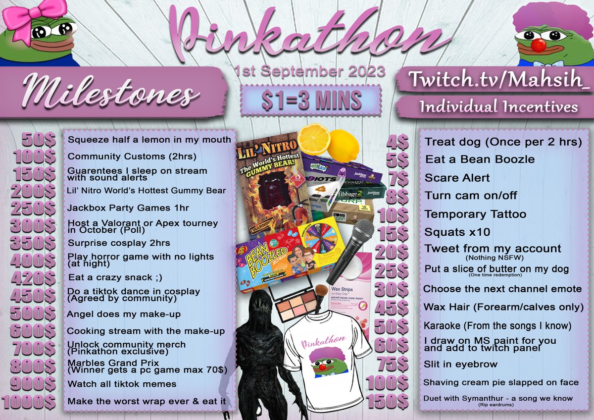Pinkathon Incentives-Pink hair-7/8pmEST Friday 1st September

To fulfill the bet I made about EG winning it all and to celebrate 200+ days of streaming in a row.

Will also have rewards for channel points since not every can afford to participate. 

This is gonna be fun!