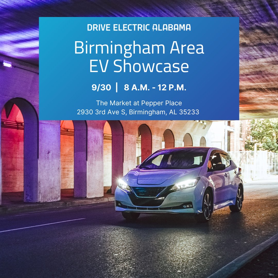 DriveEVAlabama's tweet photo. Our first #NationalDriveElectricWeek EV Showcase is TOMORROW! Meet us in Auburn to discuss the benefits of #drivingelectric. 🚙⚡️
Can’t make it tomorrow? Find the nearest Drive Electric Alabama EV showcase here: https://t.co/XDVsQQG6ok
#electricvehicles https://t.co/9XSLsJ8A0a