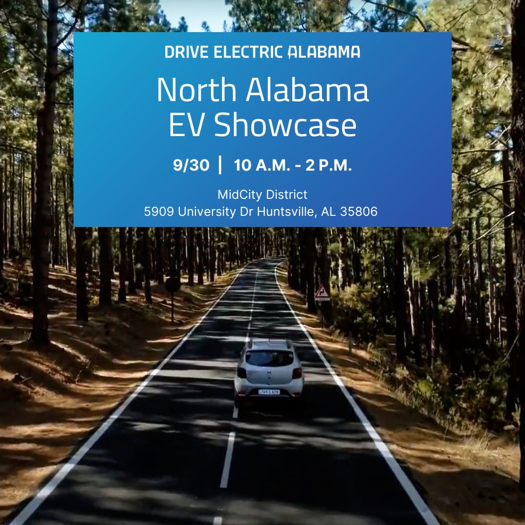 DriveEVAlabama's tweet photo. Our first #NationalDriveElectricWeek EV Showcase is TOMORROW! Meet us in Auburn to discuss the benefits of #drivingelectric. 🚙⚡️
Can’t make it tomorrow? Find the nearest Drive Electric Alabama EV showcase here: https://t.co/XDVsQQG6ok
#electricvehicles https://t.co/9XSLsJ8A0a