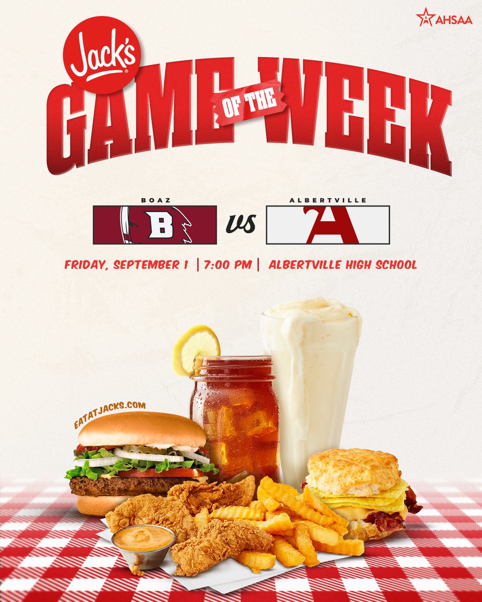 AHSAAUpdates's tweet photo. Football is BACK!!! Come out tomorrow night at 7pm to watch the Boaz Pirates take on the Albertville Aggies! Be sure to download the @eatatjacks app on the way to the game for some tasty rewards! https://t.co/C2tZM1FjsS https://t.co/UEjUlaCoP0