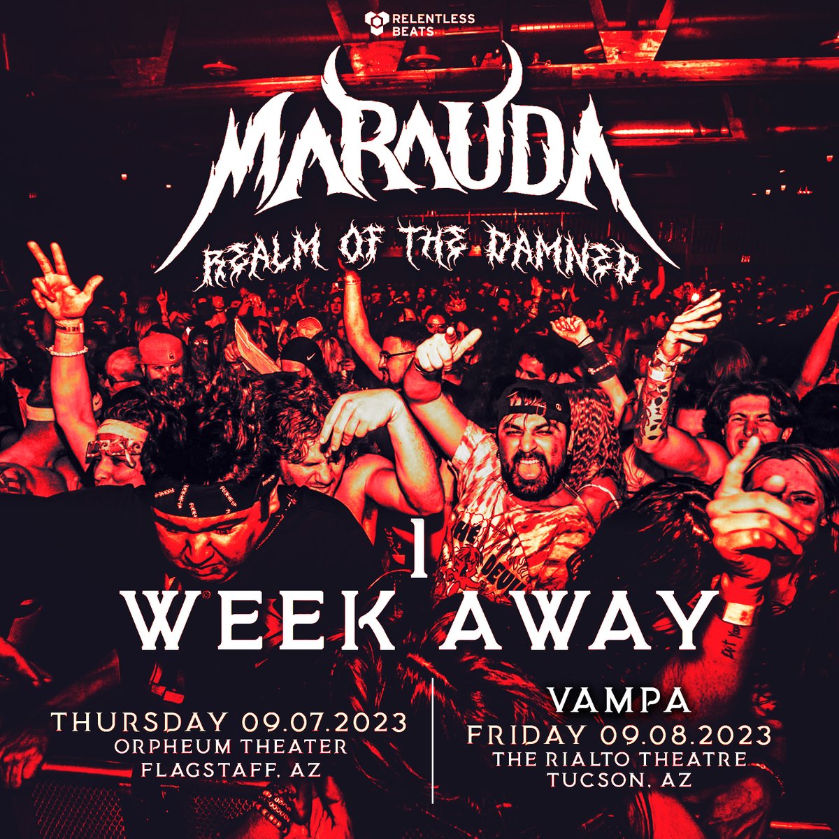 TUCSON + FLAGSTAFF! Are you ready? 😈 <a href="/maraudamusic/">MARAUDA</a> is dominating AZ in ONE WEEK with his REALM OF THE DAMNED Tour 🔥 It's time to go hard. Grab your tickets now at relentlessbeats.com 🎟️

FLAGSTAFF: Thursday, 9.7
TUCSON: Friday, 9.8 with <a href="/VAMPAOfficial/">VAMPA 🦇🏰🥀</a>