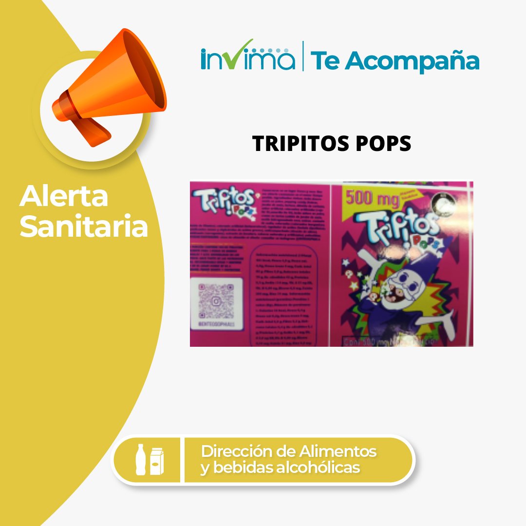 invimacolombia's tweet photo. ¡Atención! #AlertaSanitaria Invima advierte sobre el producto TRIPITOS POPS, está siendo distribuido y comercializado sin autorización. Su presentación imita a un producto reconocido a nivel nacional, declarando propiedades “altamente psicodélicas”.👇
https://t.co/PI5XksgJaz https://t.co/oNvAdoHRfO