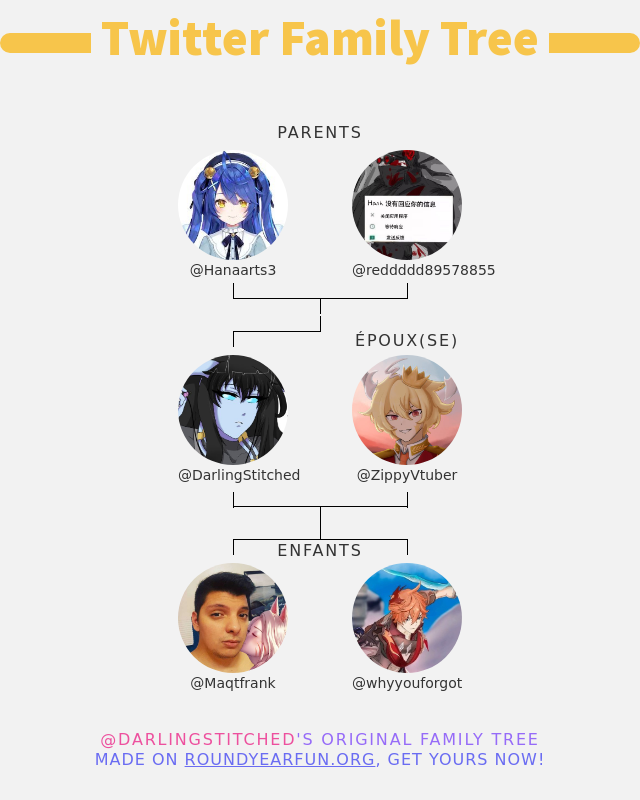 DarlingStitched's tweet photo. 👨‍👩‍👧‍👦 Ma Famille Twitter:
👫 Parents: @Hanaarts3 @reddddd89578855
👰 Époux(se): @ZippyVtuber
👶 Enfants: @Maqtfrank @whyyouforgot

➡️ https://t.co/TM5TYPNyzi https://t.co/FHE9lpYJ39