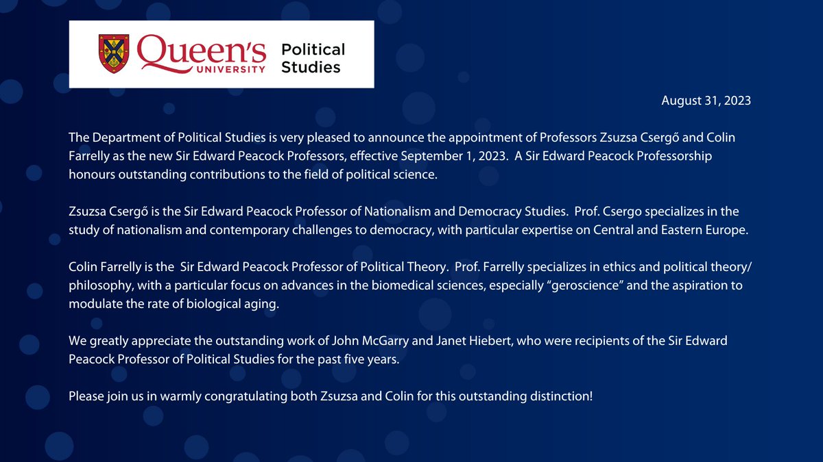 QueensuPOLS's tweet photo. 🥂 @QueensuPOLS is very pleased to announce the appointment of Profs @ZsuzsaCsergo &amp; Colin Farrelly as the new Sir Edward Peacock Professors!  This professorship honours outstanding contributions to the field of #polisci. #Congrats to both! #research #nationalism #politicaltheory https://t.co/Ze0G2bWzkk