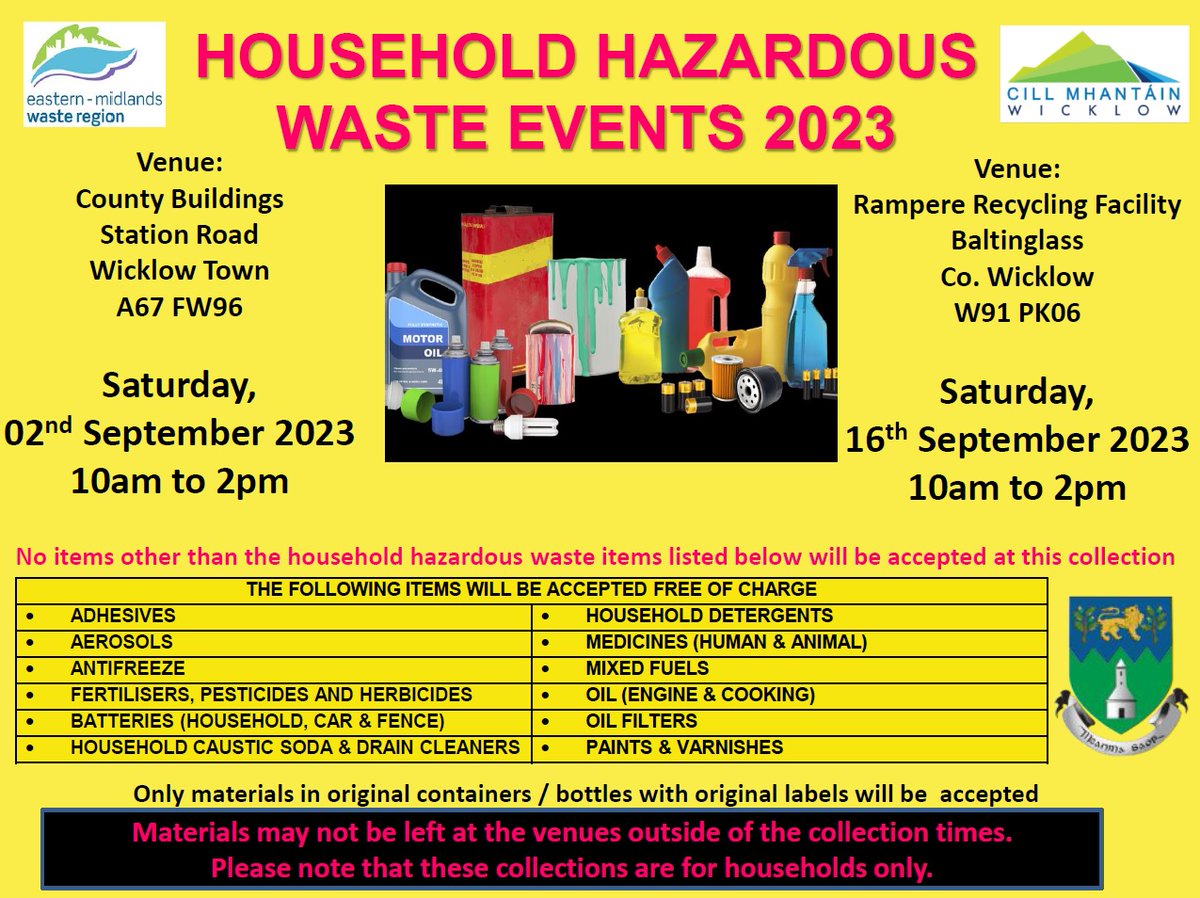 wicklowcoco's tweet photo. Wicklow County Council Anti-Dumping Initiative 2023 - HOUSEHOLD HAZARDOUS WASTE EVENTS 2023
Further details @ https://t.co/A95rc73ydp
https://t.co/H9npkAhDUK https://t.co/obTxkmgQKt