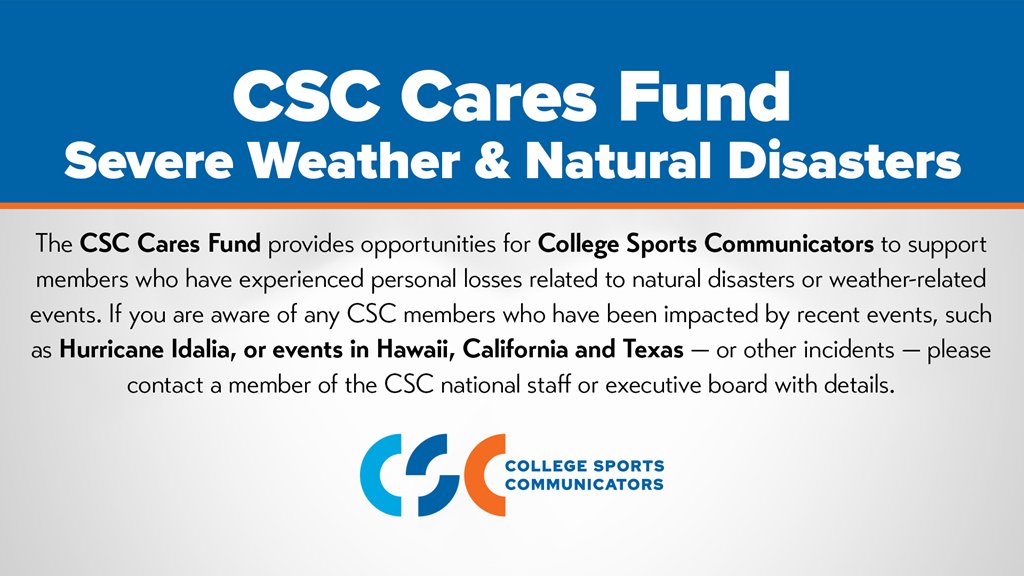 CollSportsComm's tweet photo. The #CSCCares account is active to assist any members experiencing hardships following the natural diasters of the past few weeks: https://t.co/lqlGZSirl0 https://t.co/4bZMvmqdK6