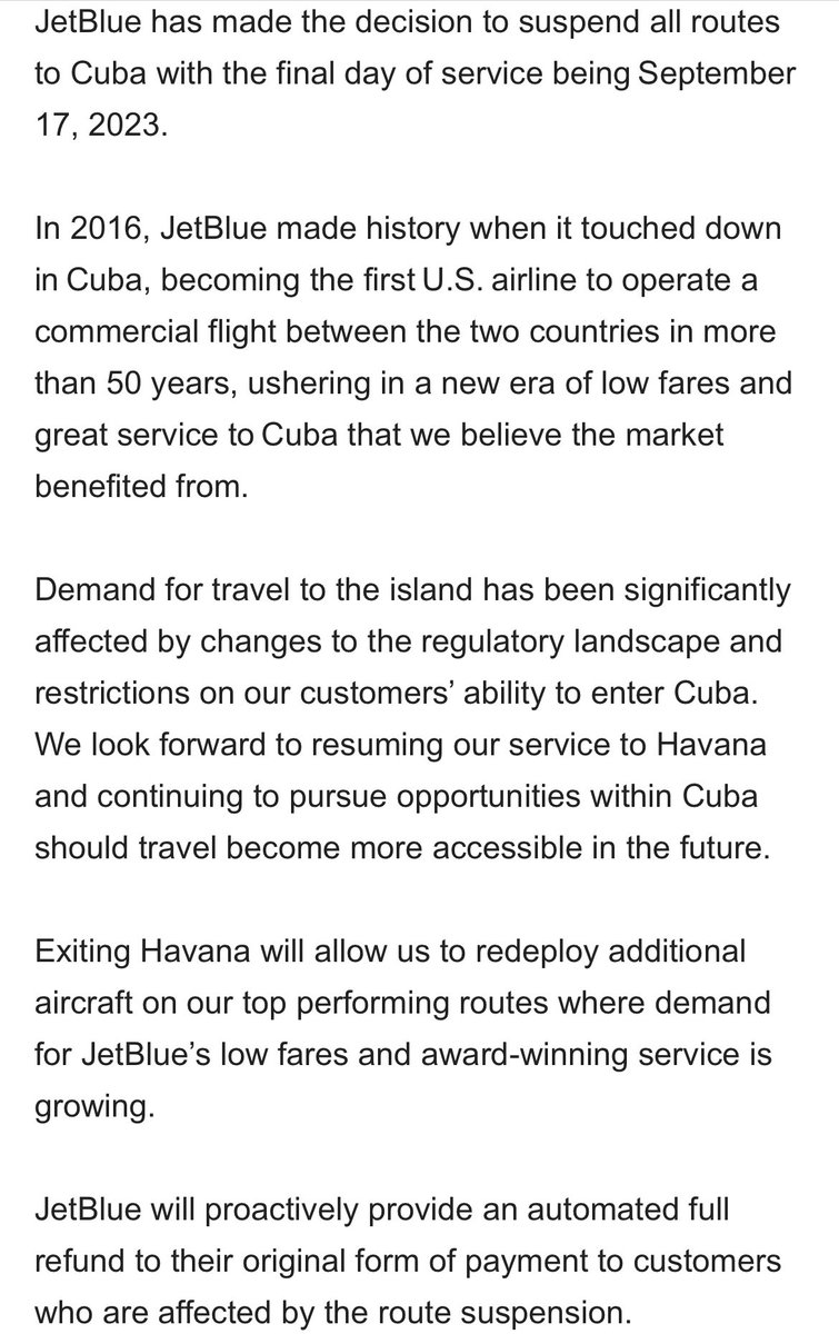 CNN_Oppmann's tweet photo. Just in: @JetBlue -the company that flew the first direct commercial flight to Cuba during the thaw in relations- has suspended flights to the island due to “changes to the regulatory landscape and restrictions on our customers’ ability to enter Cuba.” https://t.co/EkuDGHQaYj