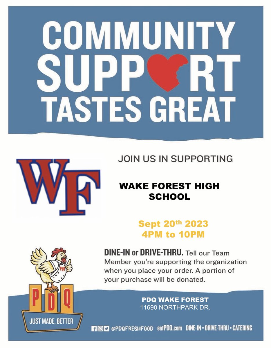 ✅ Mark your calendars for WED. 9/20 from 4-10 pm, and join us for our FIRST spirit night of the 23-24 school year!

You must tell them you are supporting WFHS when ordering, and a portion of your purchase will be donated to WFHS PTSA.
