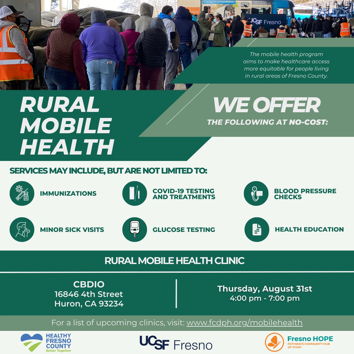healthyfresnoco's tweet photo. UCSF Fresno is partnering with CBDIO to host a Rural Mobile Health Event in Huron today from 4:00 pm - 7:00 pm.

For a list of upcoming clinics, visit: https://t.co/LSMnLKjXUW

#HealthyFresnoCounty #RuralMobileHealth https://t.co/b1dfy3YxTa